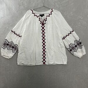 Lane Bryant Gauzy Peasant Top White Embroidered Tasseled Boho Women's Size 18